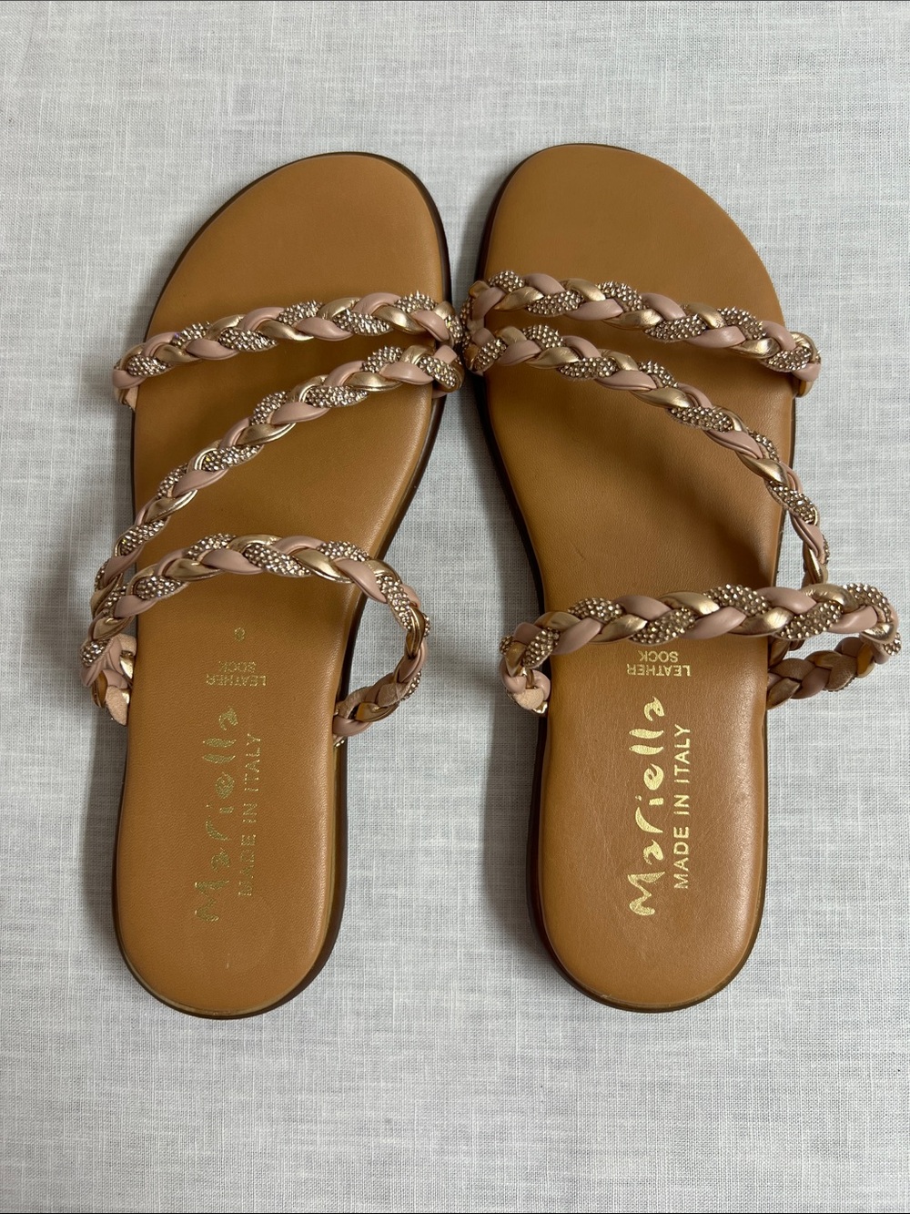 🌞 MARIELLA Italian Slide Sandals w/Braided Rose Gold metallic Strap women size 8